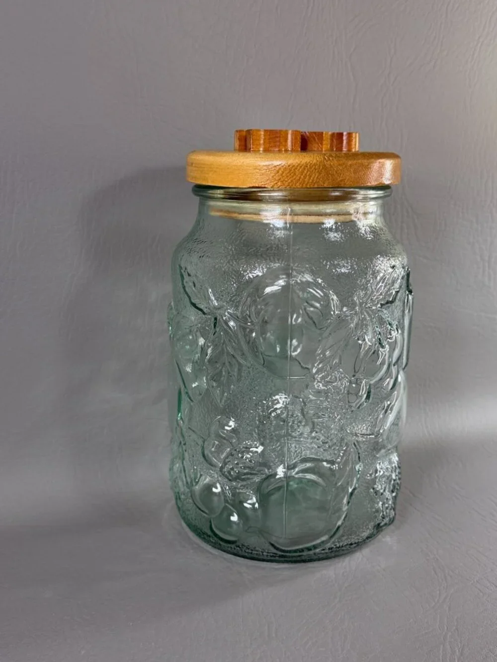 Vintage Libbey Glass Orchard Fruit Canister Jar Wooden Deer Stag Lid Storage